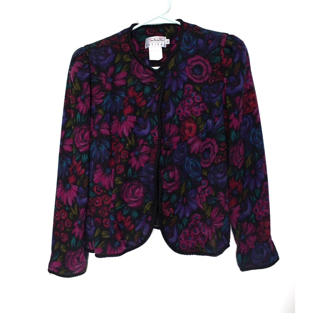 Talbots Petites Vintage Floral Tapestry Blazer Braided Trim Purple Pink 12